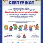 Certyfikat potwierdzający udział w XVII edycji programu edukacyjnego „Akademia Bezpiecznego Puchatka” w roku szkolnym 2025/2026 dla: Szkoła Podstawowa nr 4 im. Witolda Budryka w Siemianowicach Śląskich. Treść: W ramach programu szkoła przeprowadziła zajęcia dla Uczniów z tematyki bezpieczeństwa: w szkole, na drodze, w domu, w internecie, w relacjach z rówieśnikami, podczas wypoczynku, finansowego. Organizatorem jest Puchatek, a patronat honorowy objęła Komenda Główna Policji.