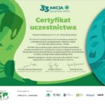 Certyfikat uczestnictwa w 33. Akcji Sprzątanie świata – Polska dla Szkoły Podstawowej nr 4 im. Witolda Budryka. Podziękowanie od Fundacji Nasza Ziemia za zaangażowanie i aktywny udział. Na certyfikacie widnieje informacja, że od 1994 roku w Akcji wzięło udział 24 415 469 uczestników. Podpisy złożyli: Mira Stanisławska-Meysztowicz, Grzegorz Mikosza oraz Beata Butwicka. Na dole umieszczono logotypy partnerów i organizatorów. Tło certyfikatu jest zielono-niebieskie, przedstawiające grafiki rąk zbierających odpady w lesie oraz nurka sprzątającego dno wodne.