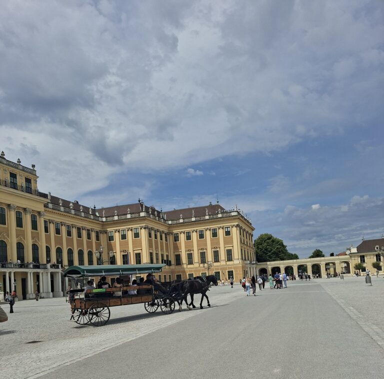 Powozik konny przed pałacem Sch&ouml;nbrunn w Wiedniu, z turystami podziwiającymi architekturę.