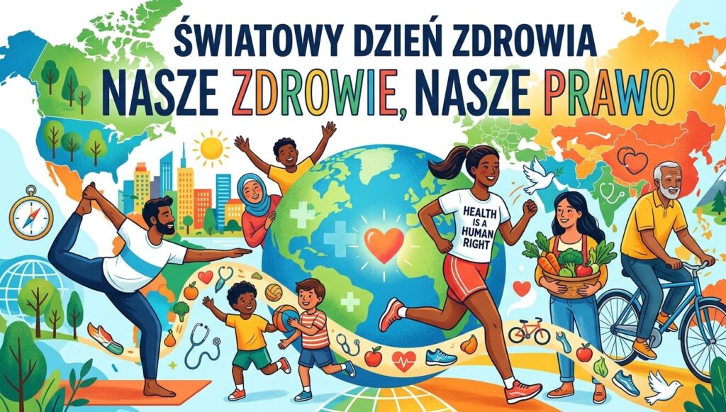 Światowy Dzień Zdrowia: Nasze zdrowie, nasze prawo. Ludzie ćwiczą i jedzą zdrowo wokół Ziemi.