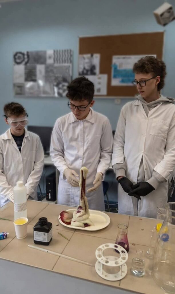 Trzej uczniowie w białych fartuchach laboratoryjnych i okularach ochronnych przeprowadzają eksperyment chemiczny w klasie. Na stole przed nimi, z talerza, wyrasta wysoka kolumna gęstej, jasnej piany, powstała w wyniku reakcji chemicznej (tzw. pasta do zębów dla słonia). Wokół stoją zlewki i odczynniki.
